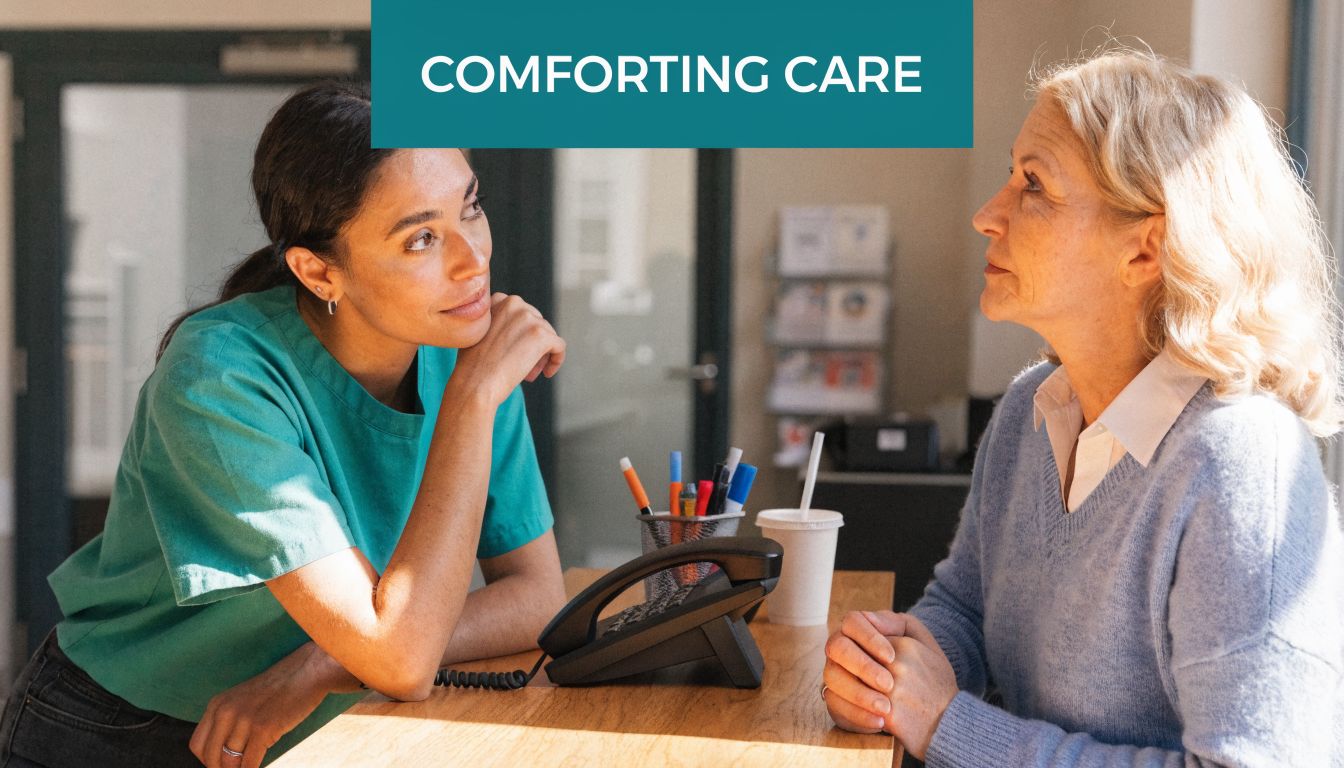 A healthcare professional talking with an elderly female patient across a desk in an office setting.