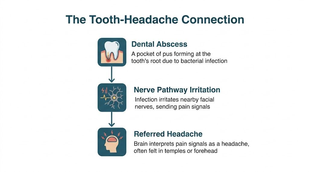 A diagram illustrating how an abscessed tooth causes referred headaches through nerve pathway irritation and pain signals.