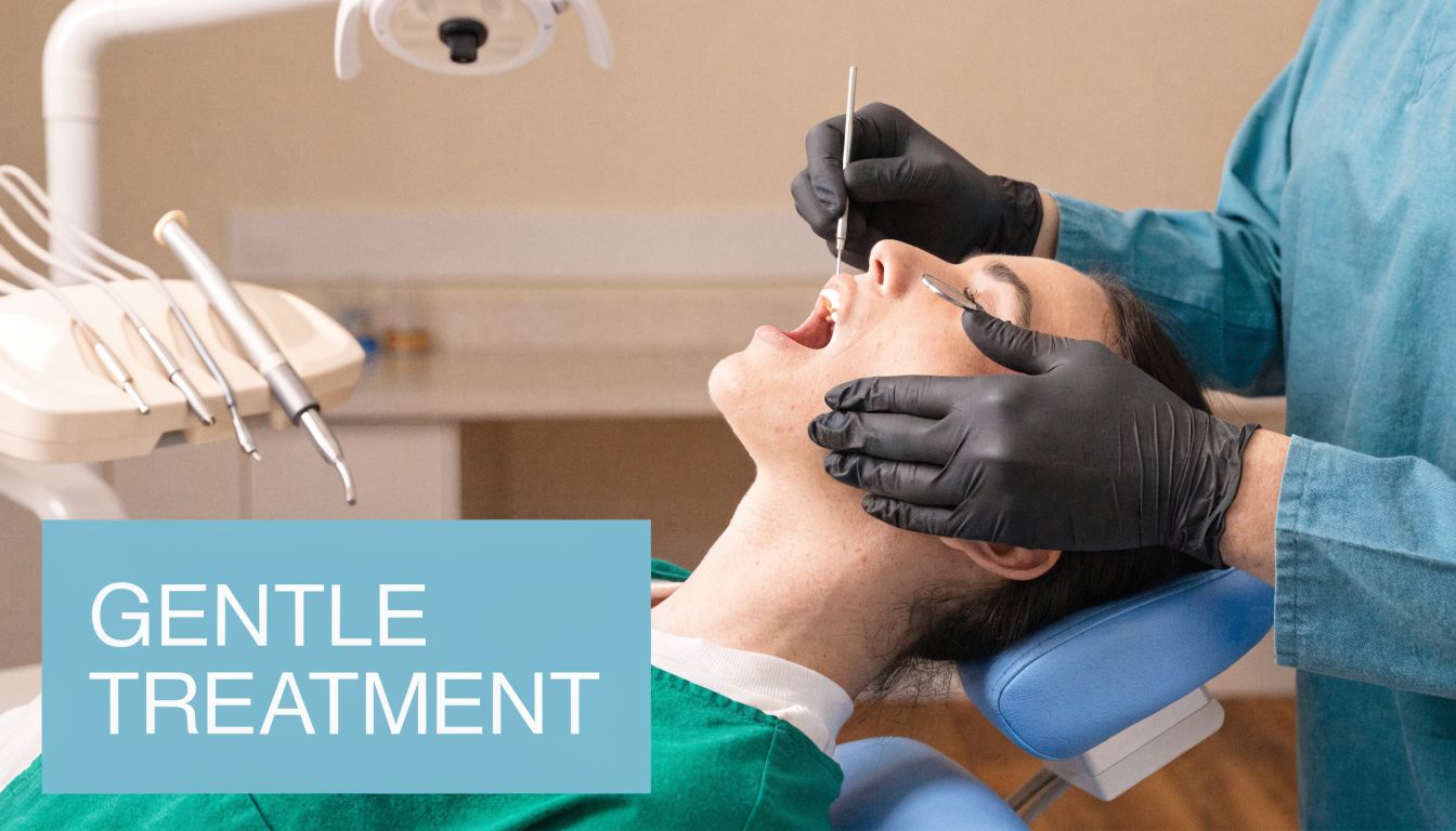 A professional dentist wearing black gloves examines a patient lying in a dental chair for treatment.