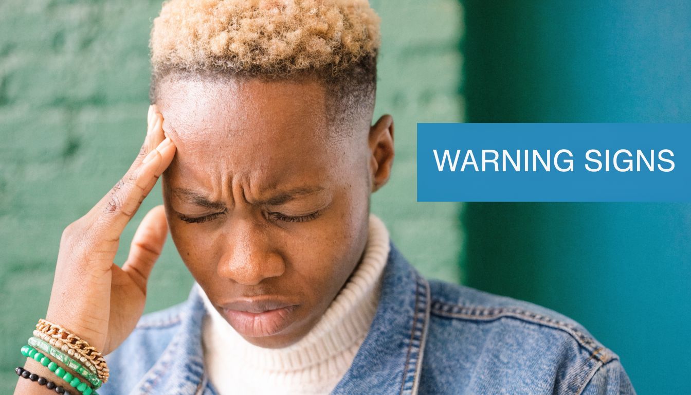 A person with short blond hair holding their head in pain, representing warning signs of a headache.