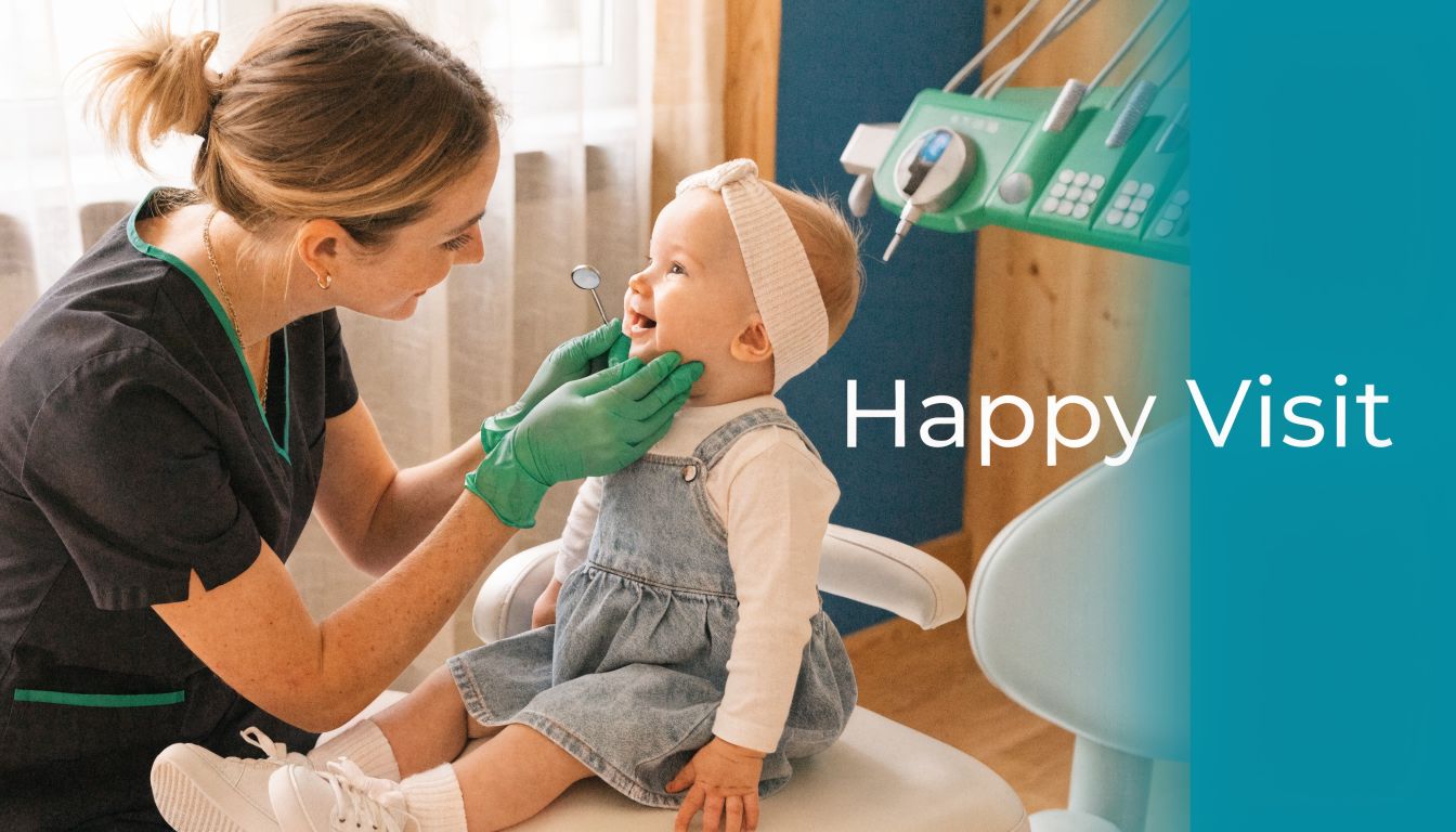 A friendly dentist conducting a gentle check-up on a happy toddler during their first dental visit.