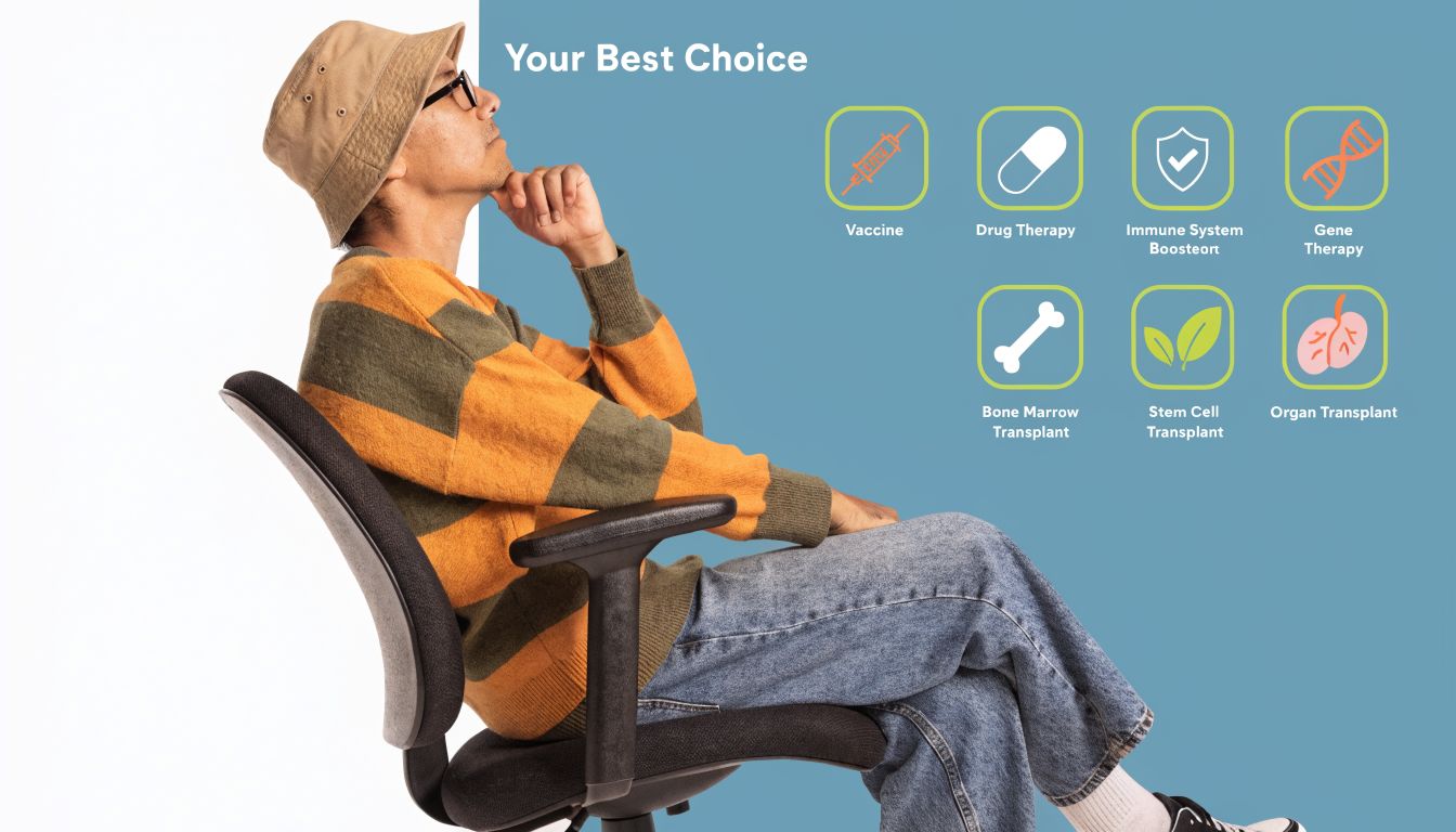 A person sitting in a chair looking at a medical options chart for health treatments and therapies.