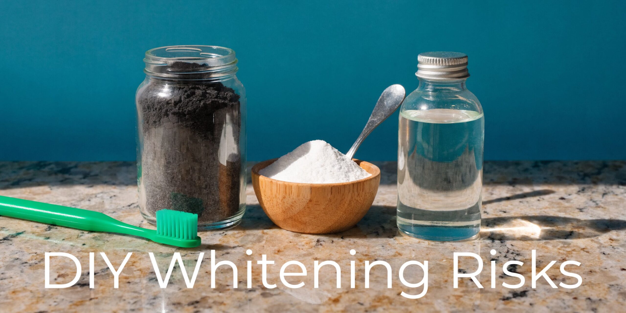 A toothbrush with charcoal powder, baking soda, and a liquid solution on a granite countertop, illustrating DIY dentistry risks.