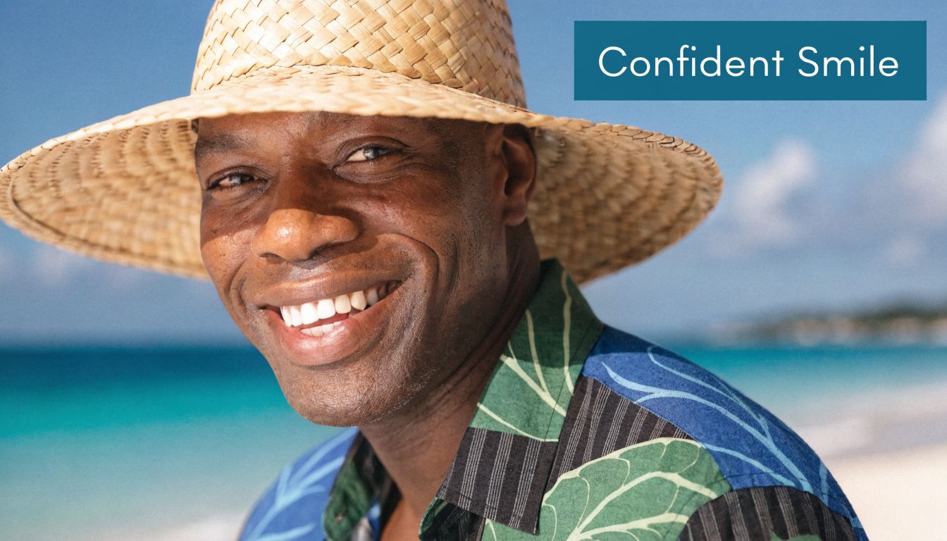 A smiling man wearing a straw hat on a sunny beach, showcasing a confident and radiant smile.
