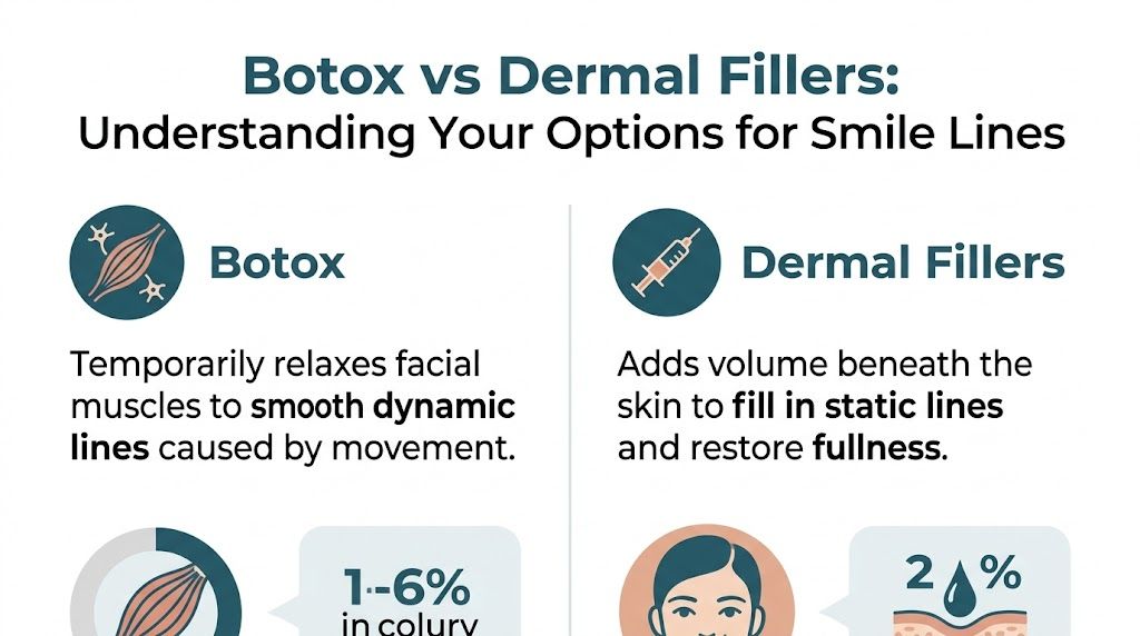 A comparison infographic between Botox and dermal fillers explaining how they treat different types of smile lines.