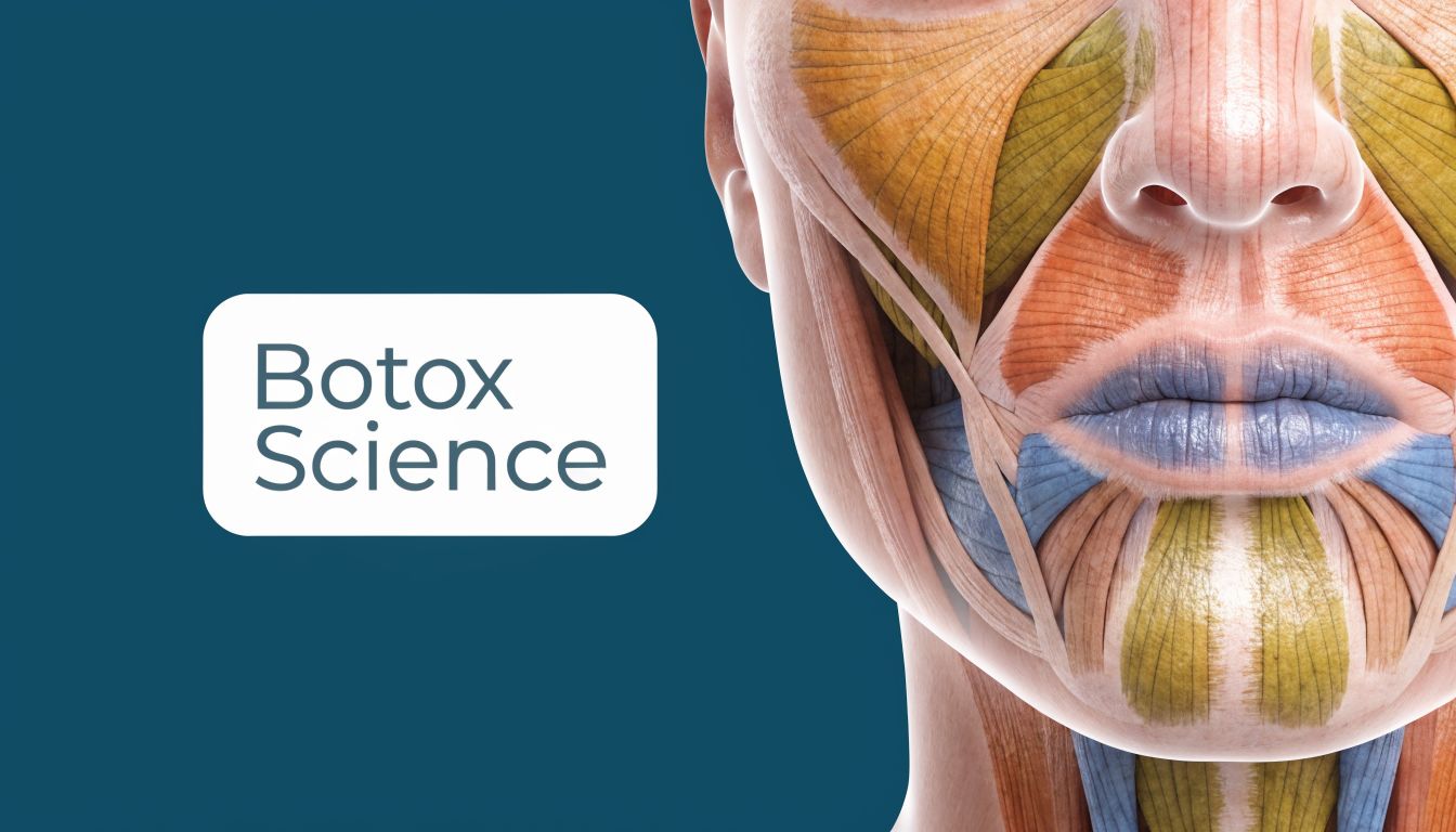 Detailed 3D anatomical model of facial muscles highlighting areas for Botox treatment around the mouth and smile lines.