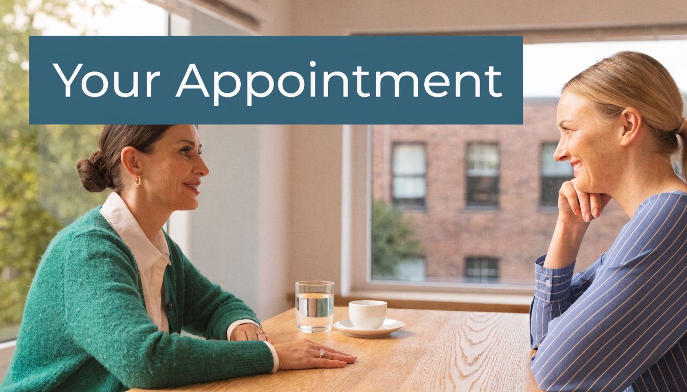 A professional consultation between two women sitting across from each other at a wooden table.
