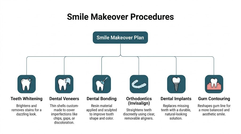 An infographic chart displaying six common cosmetic dentistry procedures for a complete smile makeover plan.