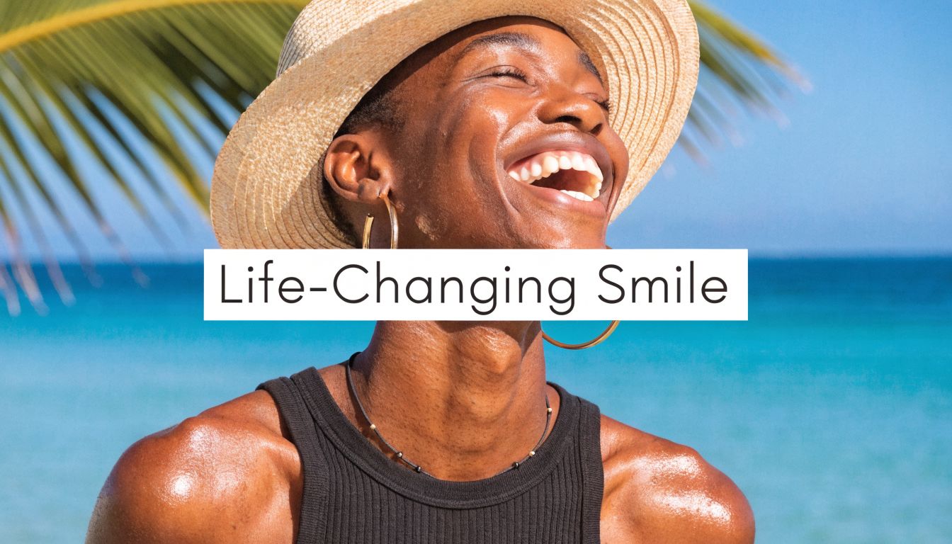 A happy person wearing a straw hat smiling brightly with a beautiful ocean background and palm leaves.
