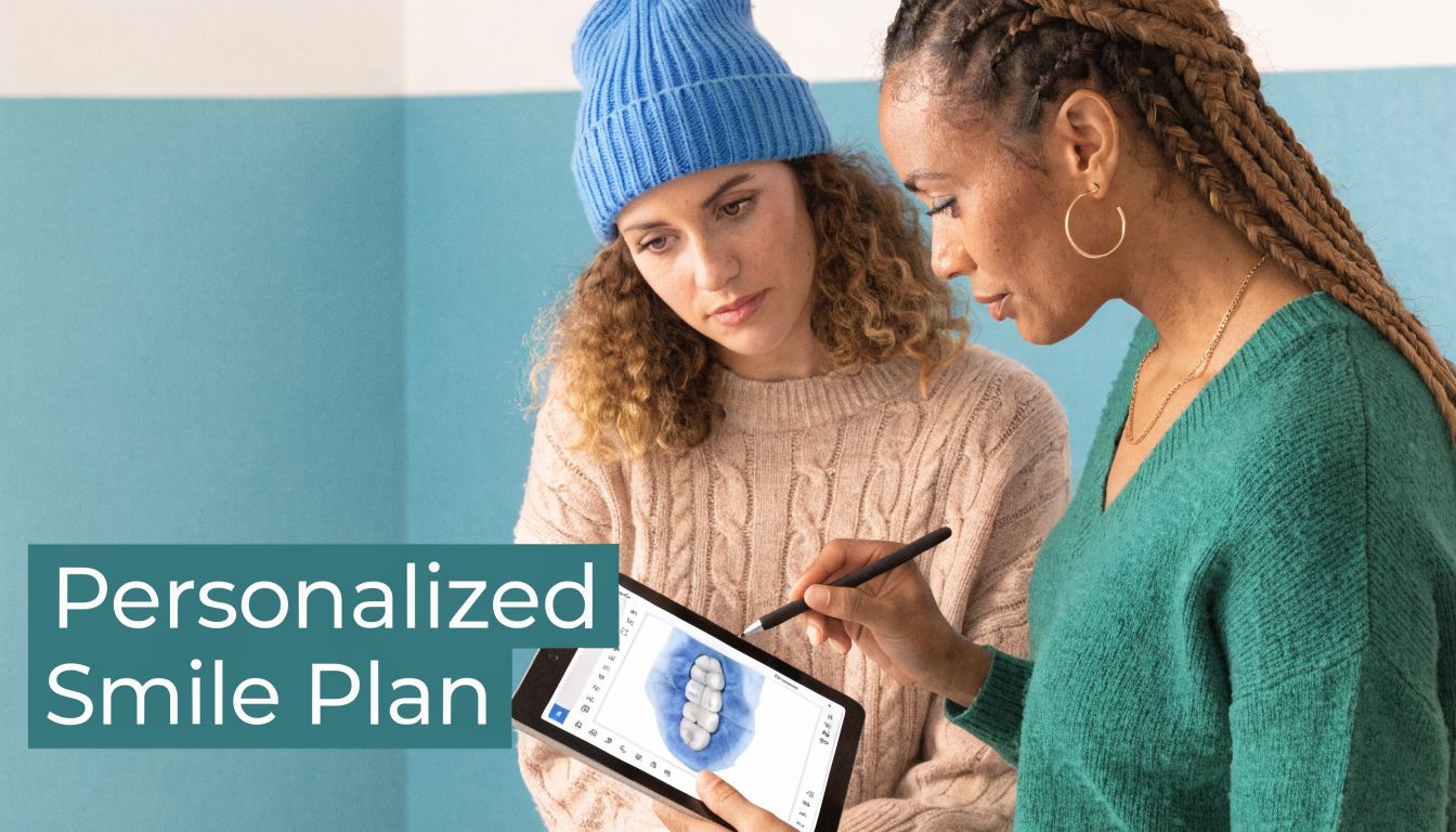 A professional orthodontist explains a digital dental smile plan to a patient using a tablet computer.