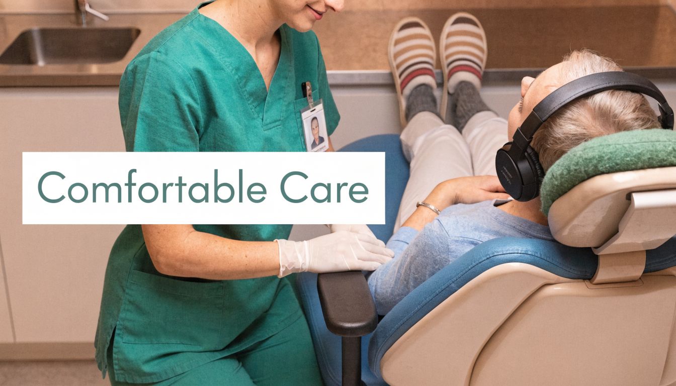 A dental professional provides comfortable care to a relaxed patient wearing headphones in a dental clinic chair.