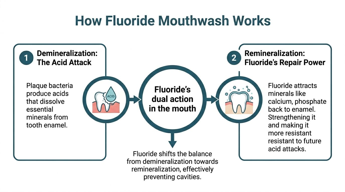 A diagram explaining how fluoride mouthwash prevents cavities through the dual process of demineralization and remineralization.