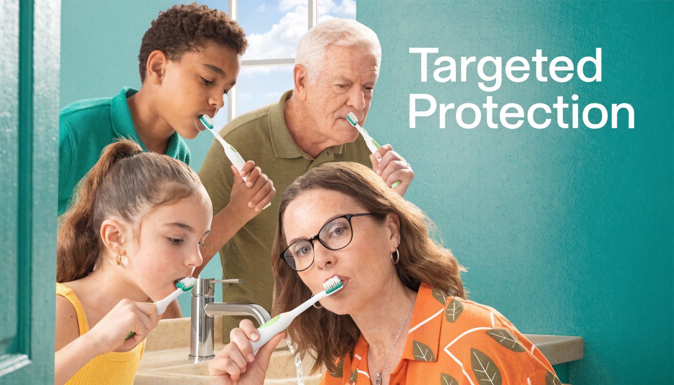 A diverse family of four brushing their teeth together in a bright, modern bathroom setting.
