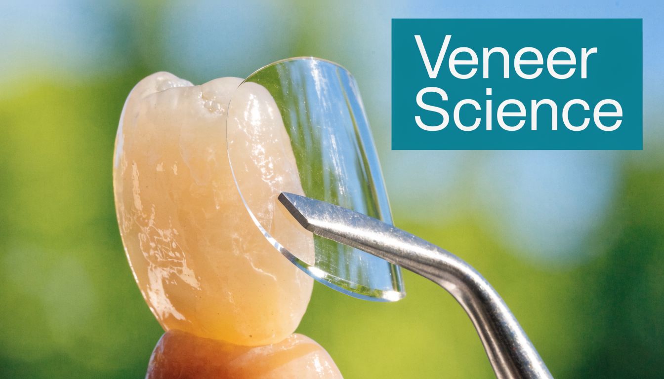 A close-up view of a dental veneer being held with professional tweezers near a human tooth