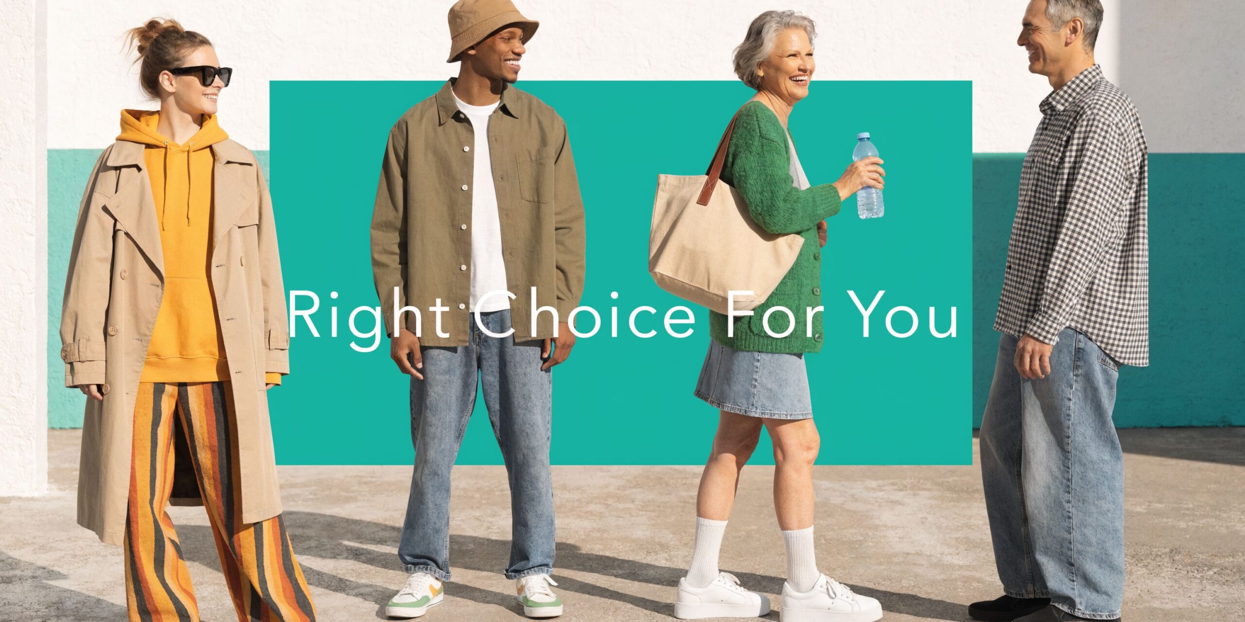 A diverse group of four people standing together outdoors against a bright teal background with text overlay.