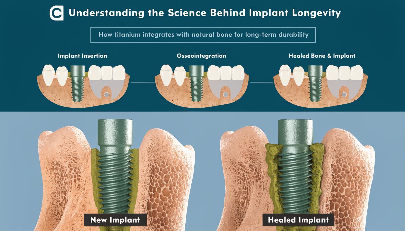 A diagram illustrating how dental implants integrate with bone over time through the process of osseointegration.