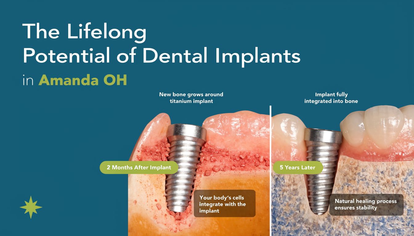 A diagram illustrating the dental implant healing process from two months post-surgery to five years later.