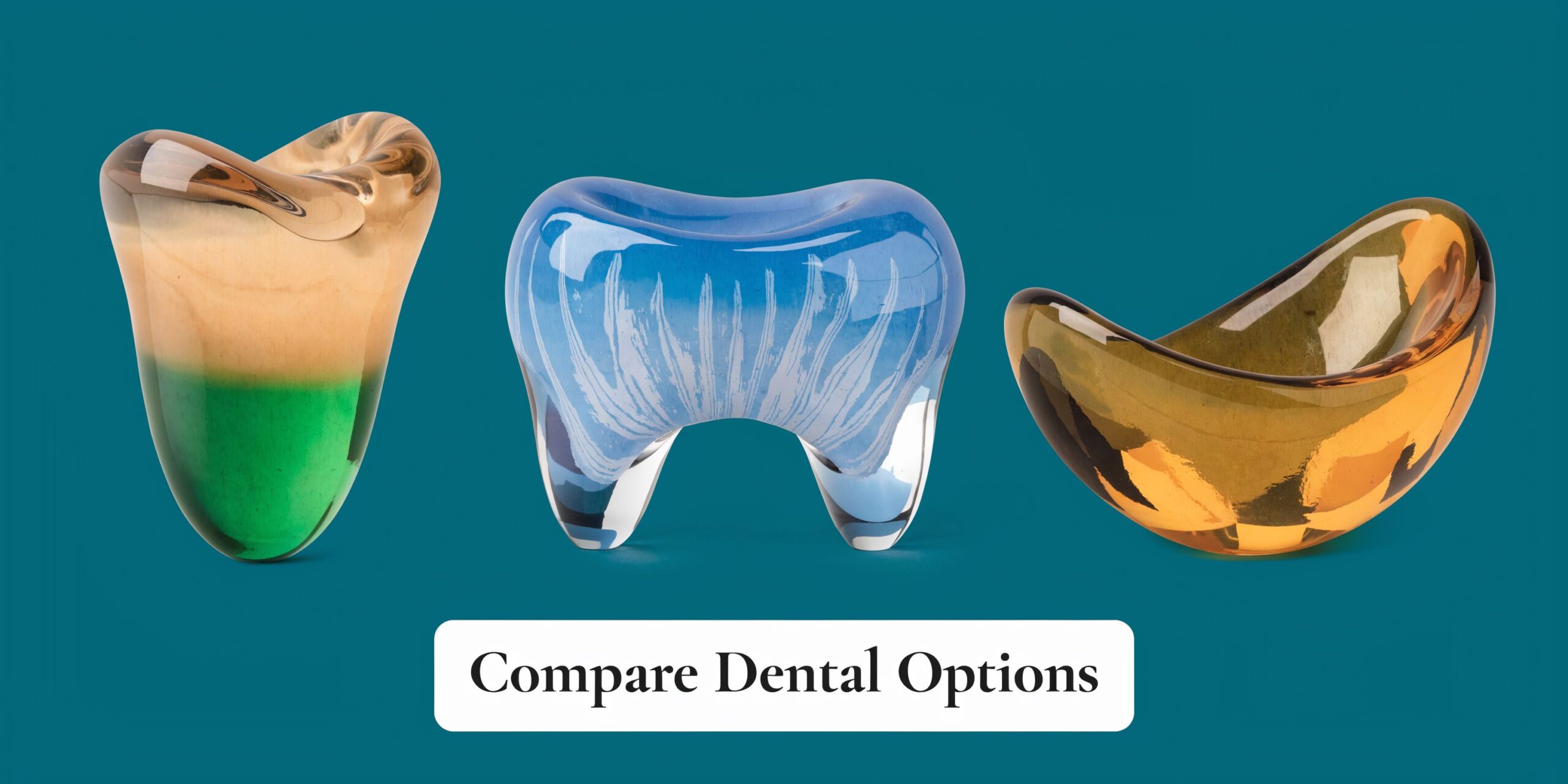 Three glass sculptures shaped like teeth displayed against a solid dark teal background with text below