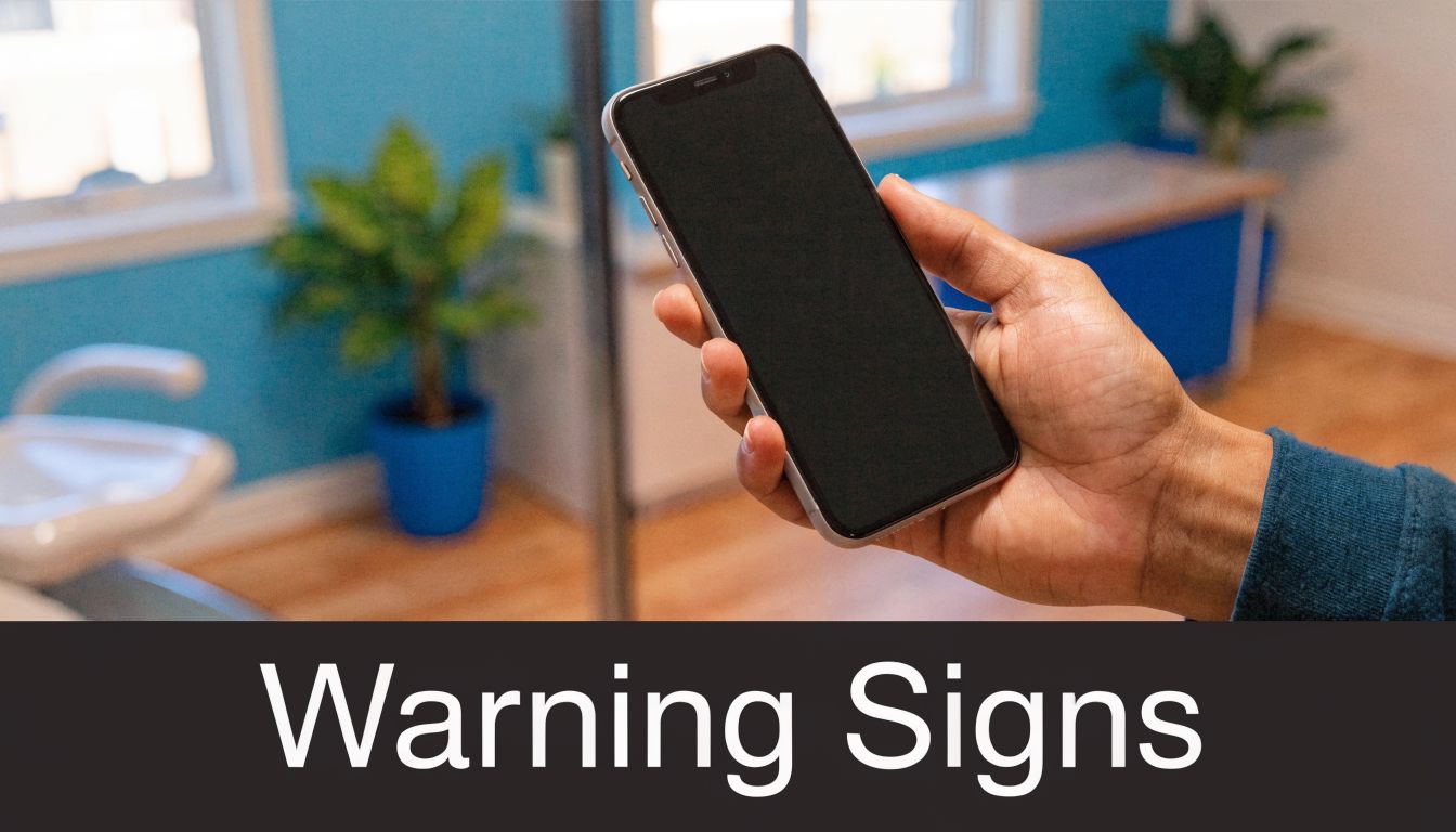A person holding a smartphone against a blurred background with a houseplant and dental chair.