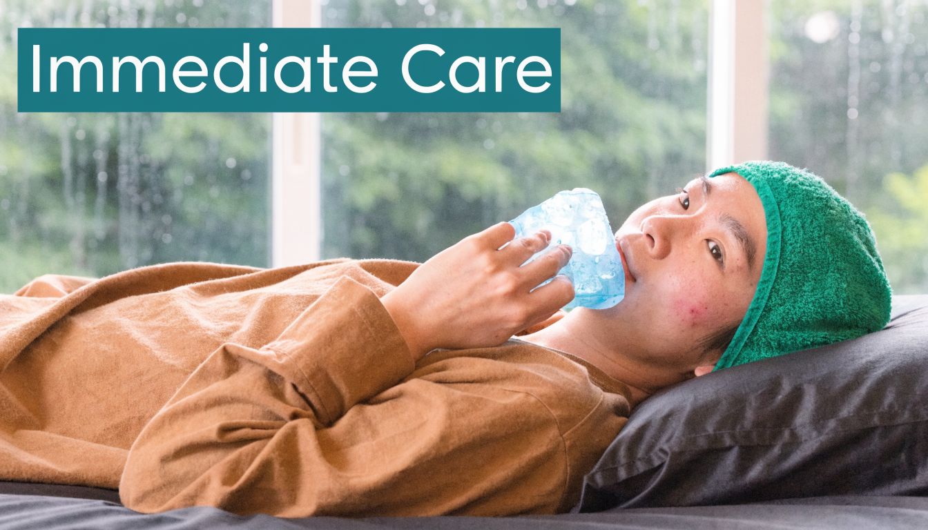 A person lying in bed with a cold ice pack held to their swollen cheek