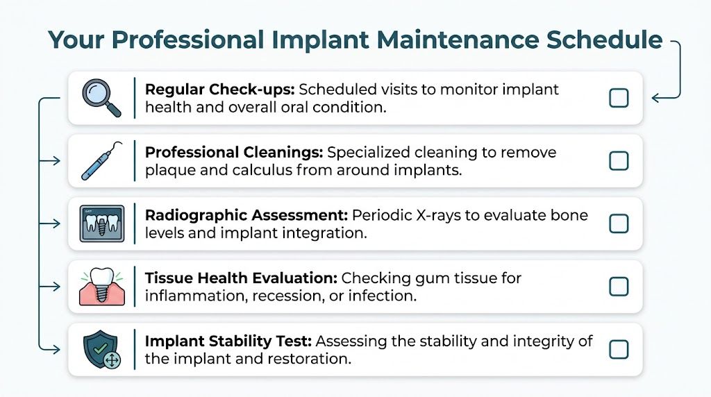A professional dental implant maintenance checklist listing five essential steps for long-term oral health and care.
