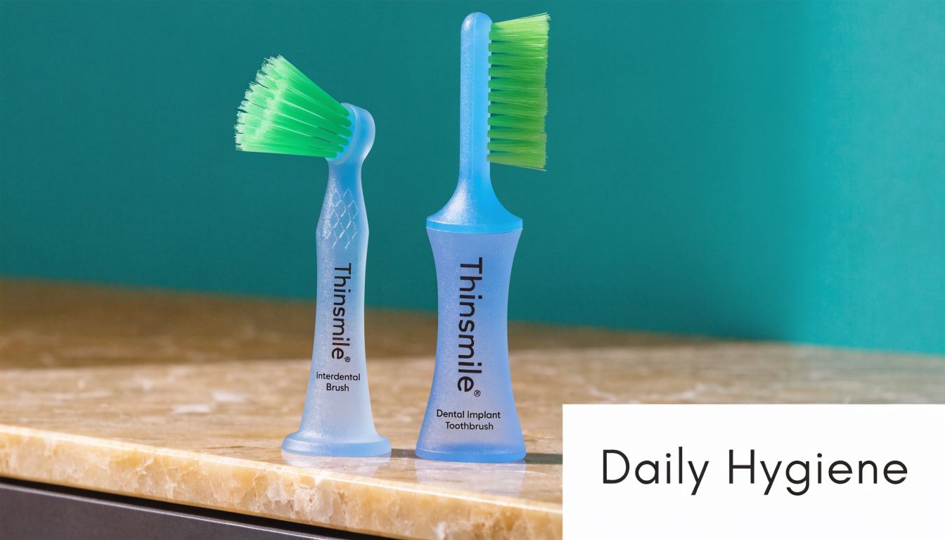 A Thinsmile interdental brush and a dental implant toothbrush placed on a marble surface.