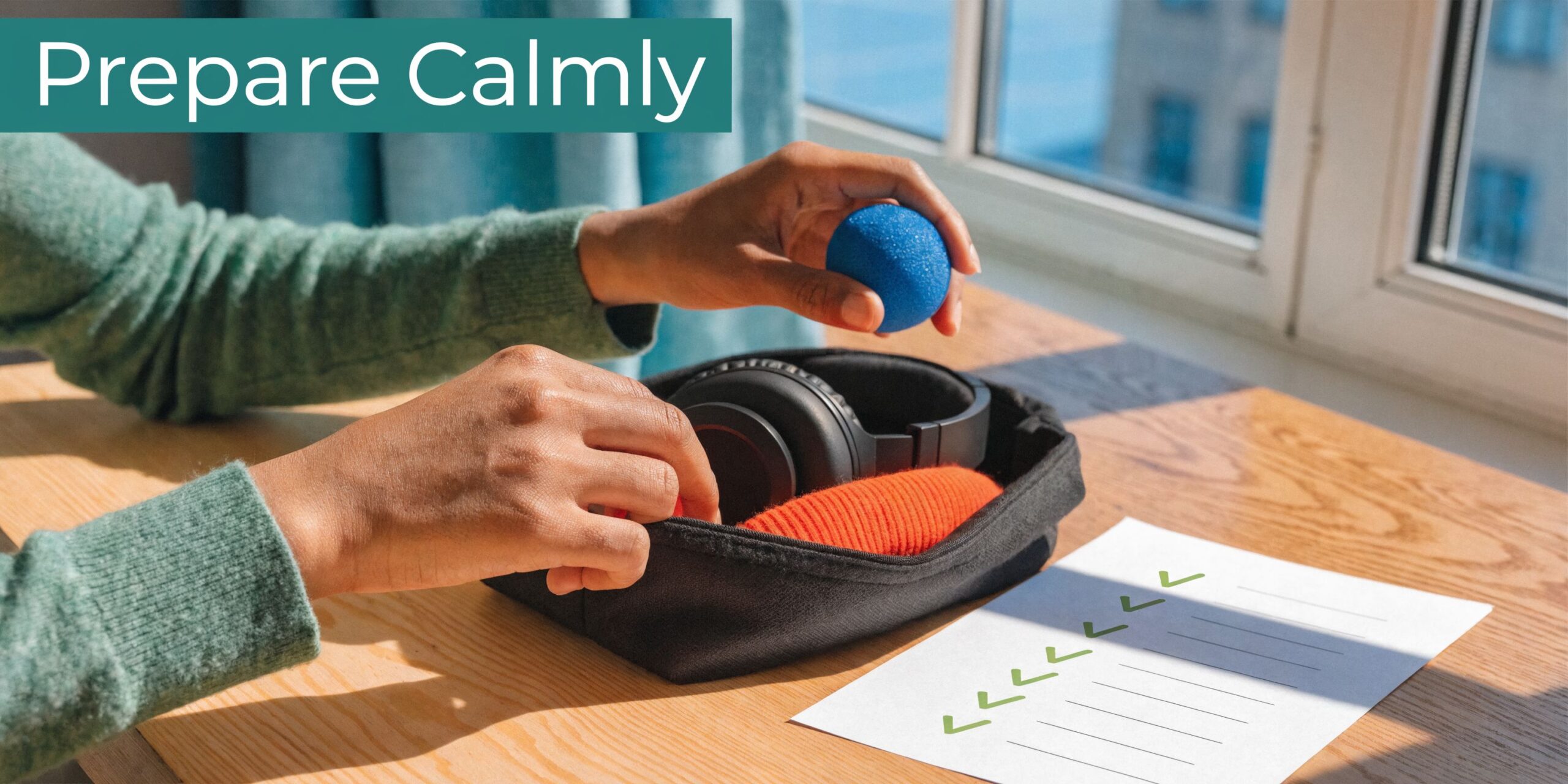 A person organizing a calming kit with headphones, a stress ball, and a completed checklist on a table.