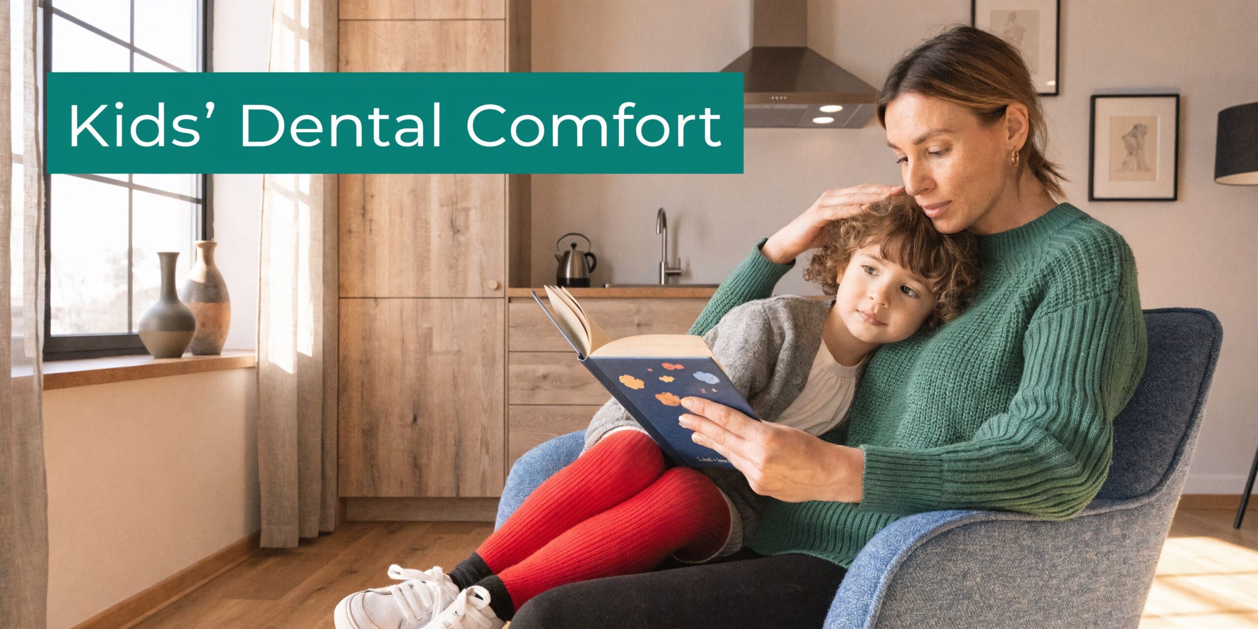 A mother gently comforting her young child while reading a book together in a cozy living room.