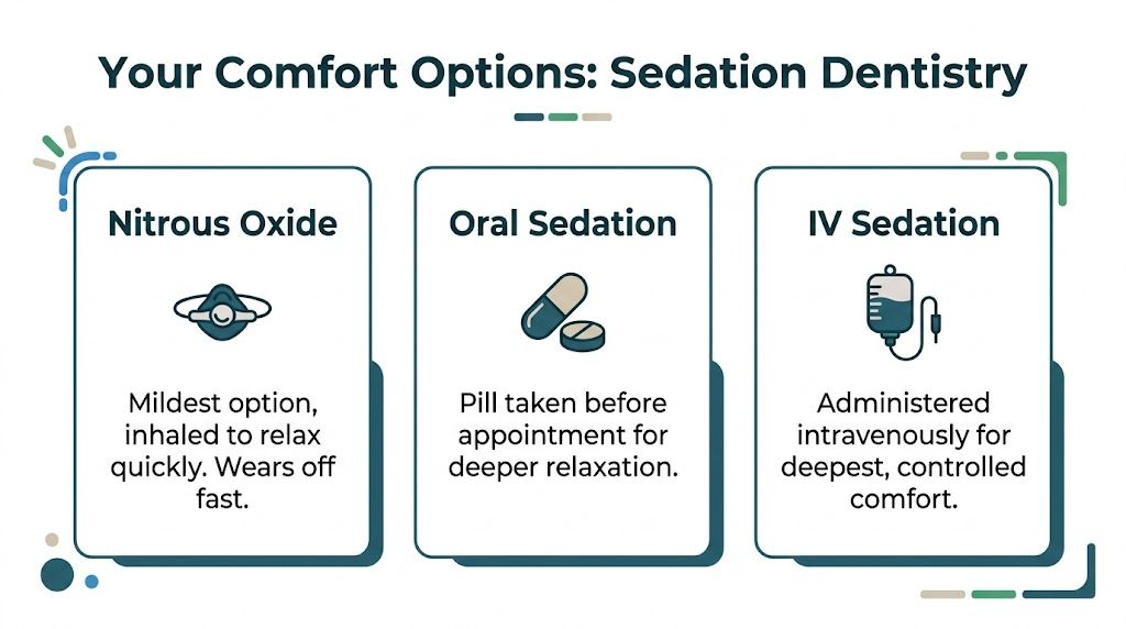 An infographic displaying three types of dental sedation options: Nitrous Oxide, Oral Sedation, and IV Sedation.