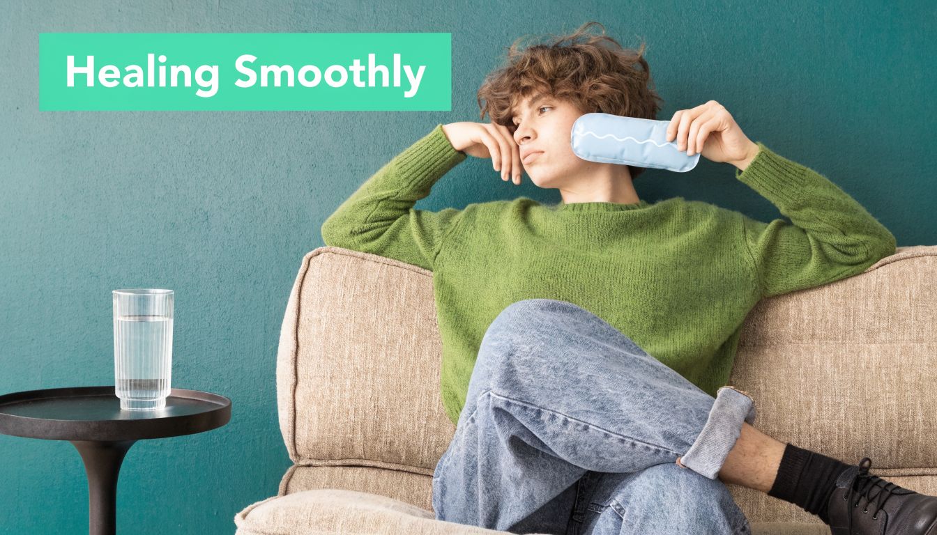 A person resting on a sofa with an ice pack on their jaw after a dental procedure.