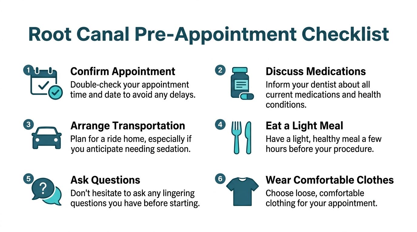 A root canal pre-appointment checklist graphic offering guidance on preparing for a dental procedure appointment.
