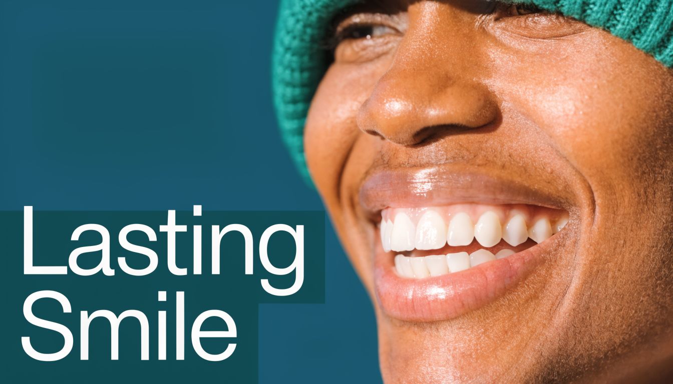 A close up of a person's bright, white smile against a dark teal background with text overlay.