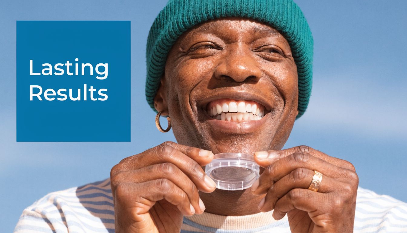 A smiling person wearing a beanie holding an Invisalign aligner case up to their face.