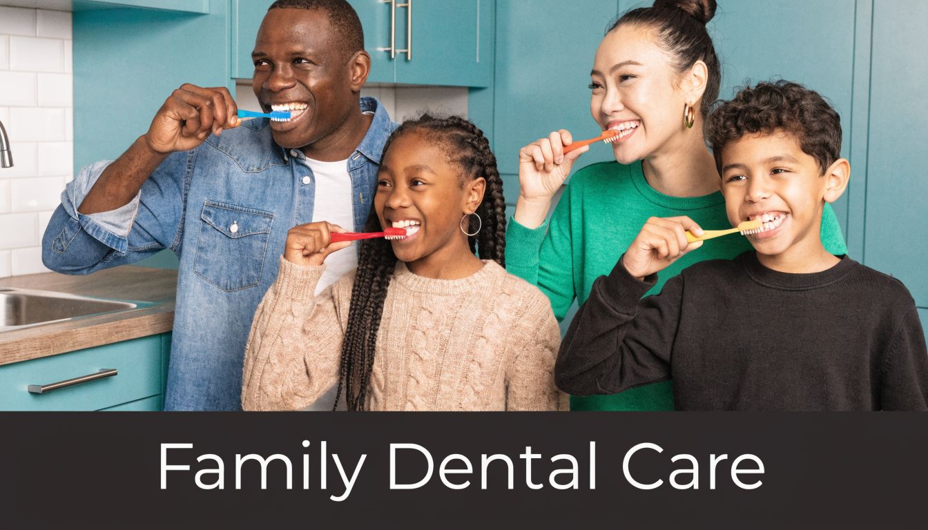 A happy multicultural family of four standing together in a kitchen while brushing their teeth