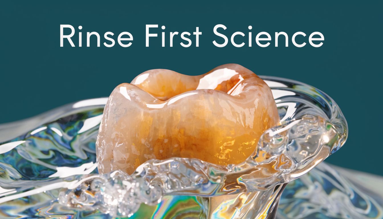 A close-up view of a discolored human molar tooth being rinsed by splashing water, symbolizing dental care.