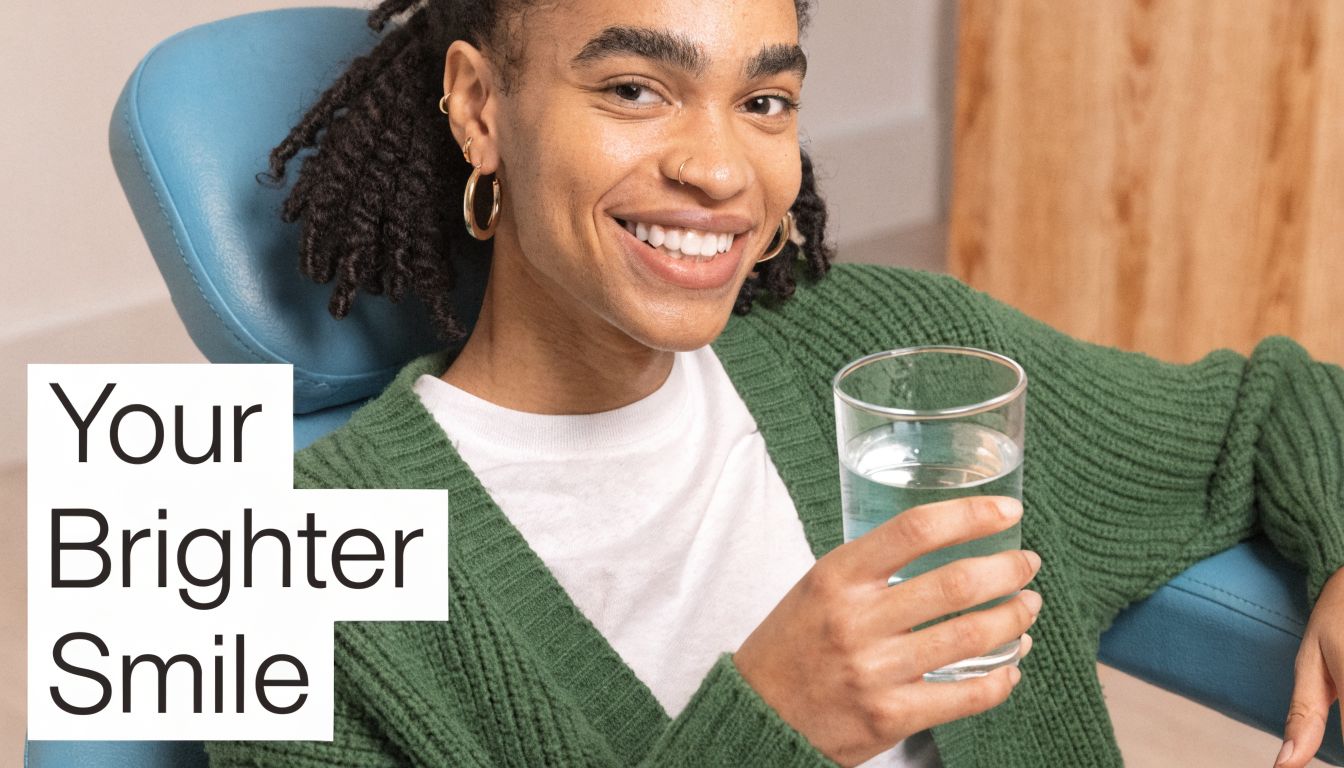 A smiling person sitting in a dental chair holding a glass of clear water, promoting oral hygiene.