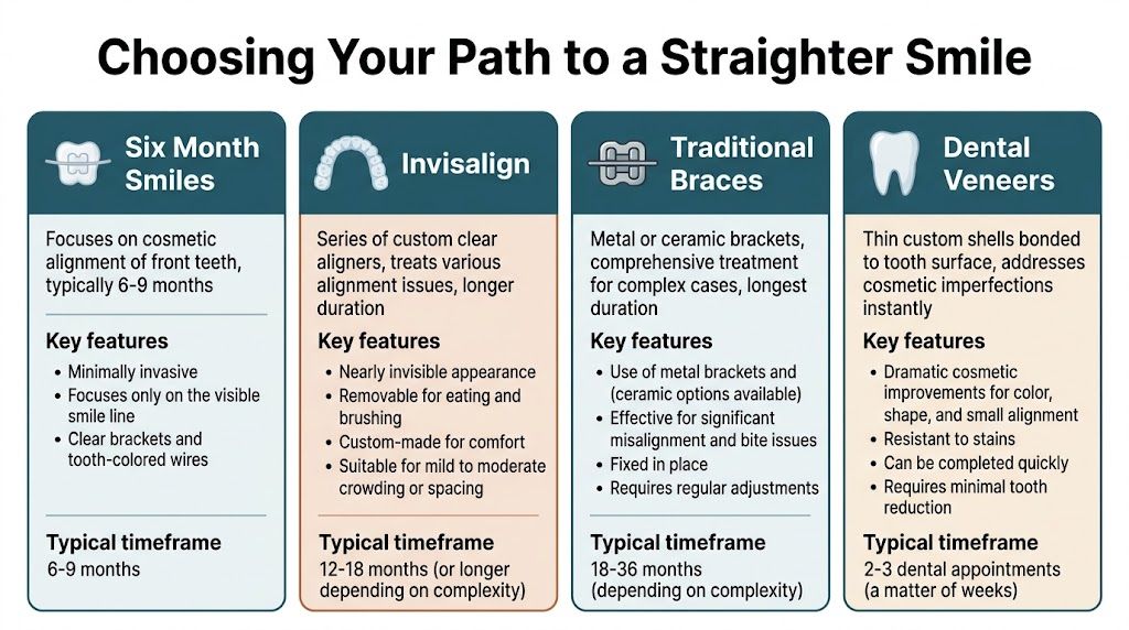 A comparison chart outlining four dental options for a straighter smile: Six Month Smiles, Invisalign, Braces, and Veneers.