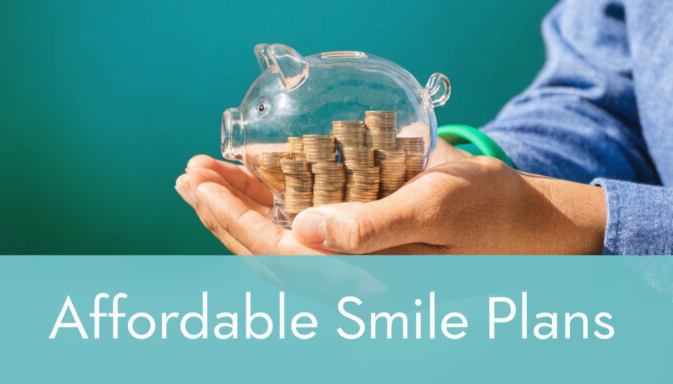 A person holding a clear glass piggy bank filled with stacked coins, illustrating financial dental savings.