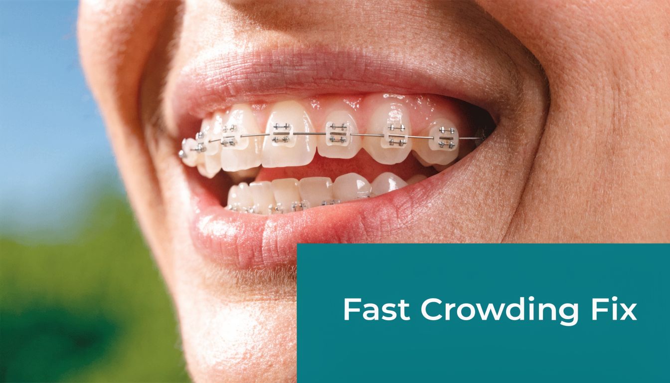 Close up of a person smiling showing ceramic braces on their top and bottom teeth for alignment.