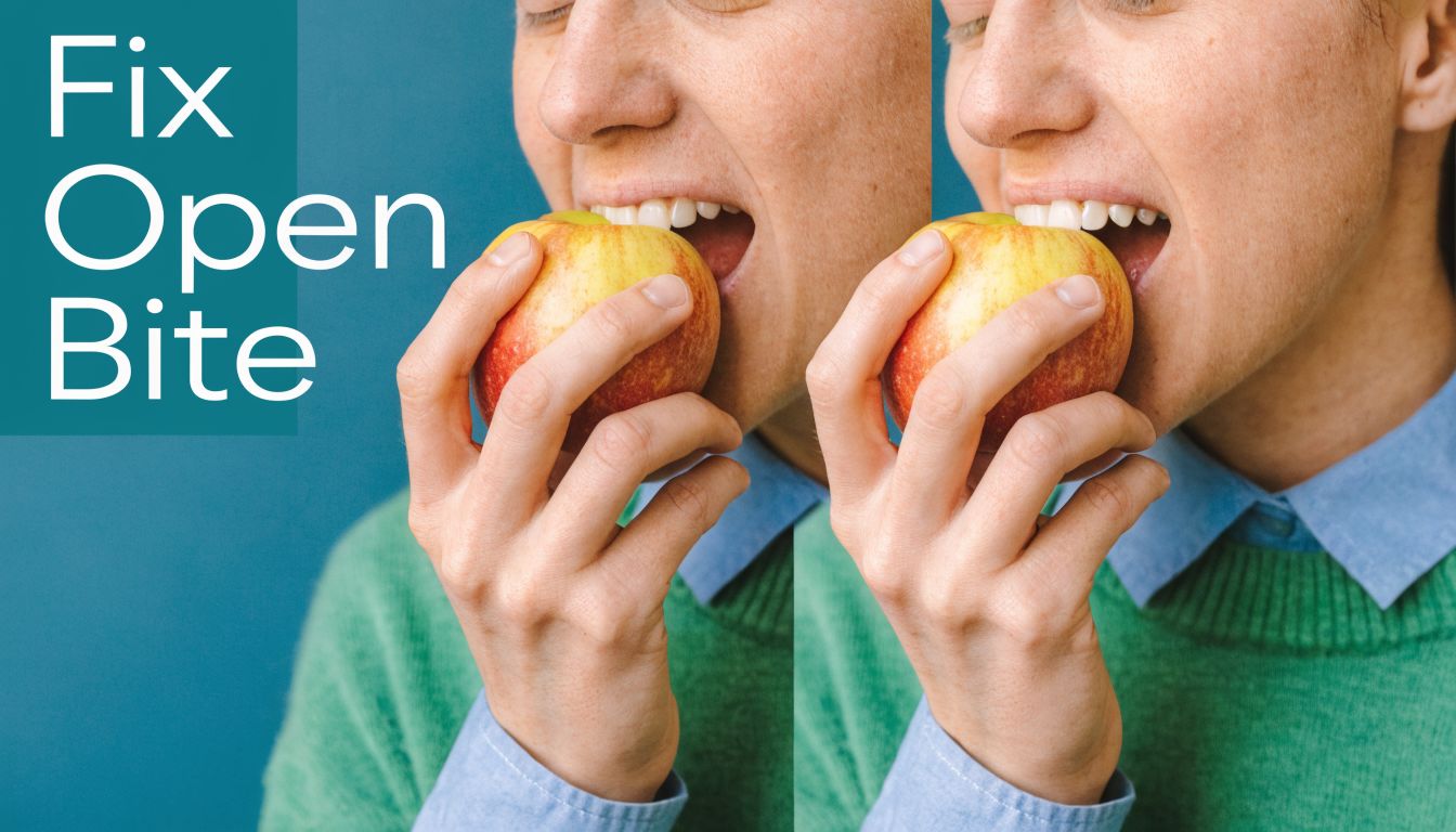 A split image showing a side-by-side comparison of a person biting an apple with an open bite