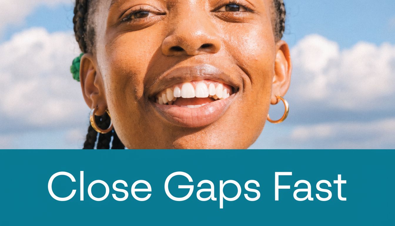 A close-up of a smiling woman with straight teeth, promoting a fast dental gap closing solution.