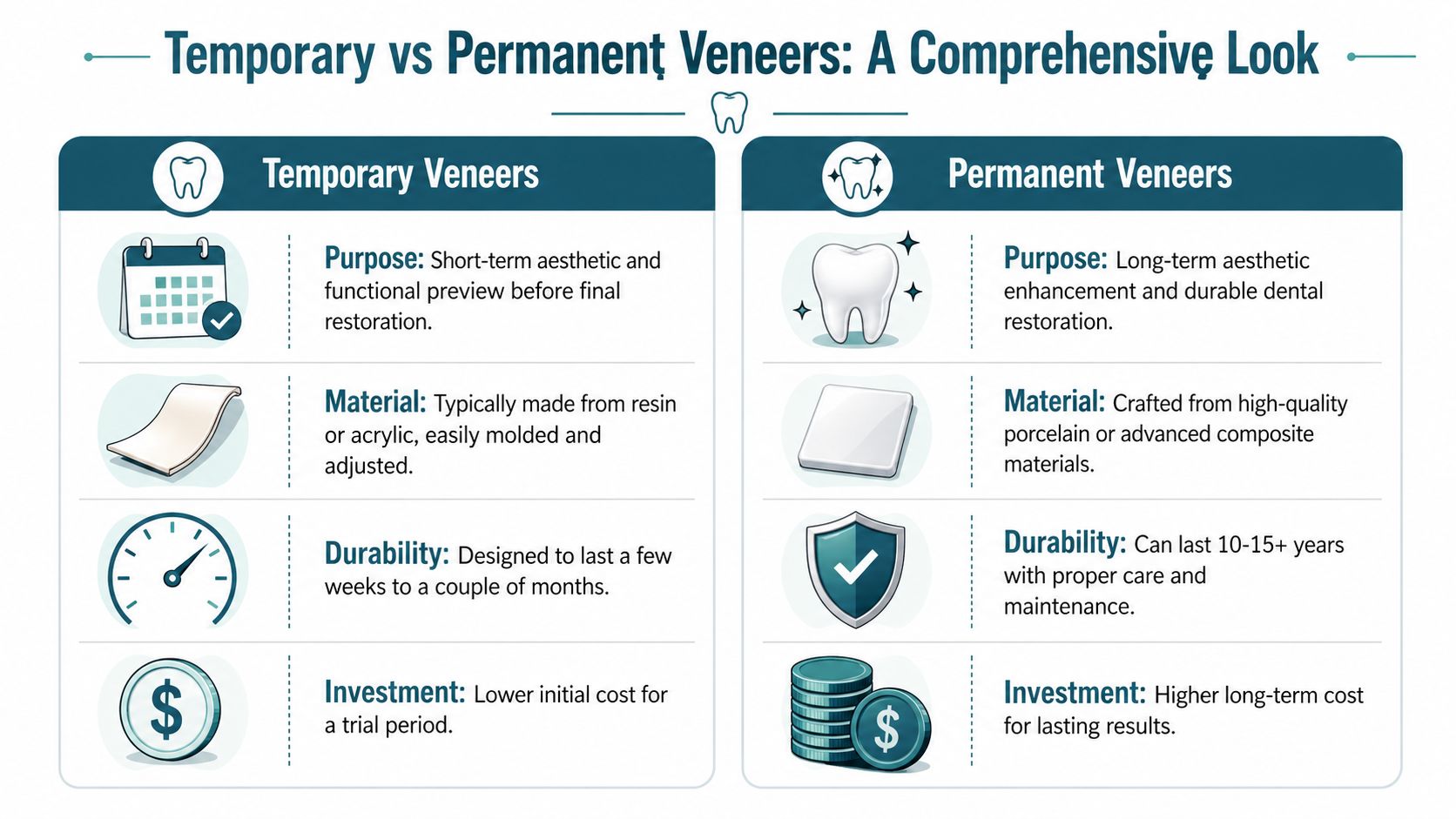 A comparison chart outlining the key differences between temporary and permanent dental veneers for patients.
