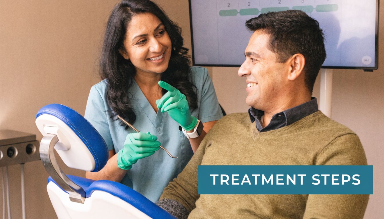 A friendly female dentist explains treatment steps to a male patient sitting in a dental chair.