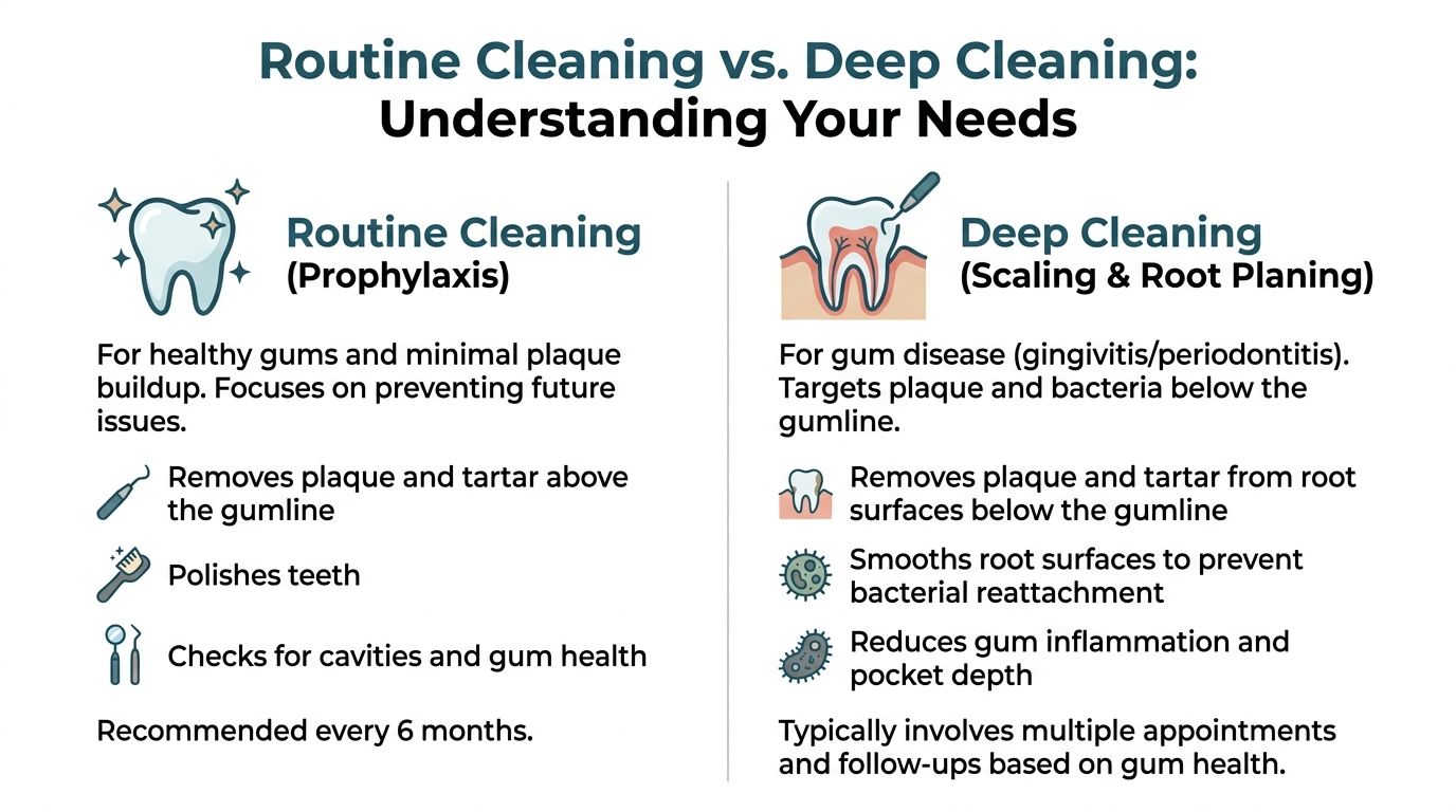 A comparison chart explaining the differences between routine dental prophylaxis and deep cleaning scaling and root planing procedures.
