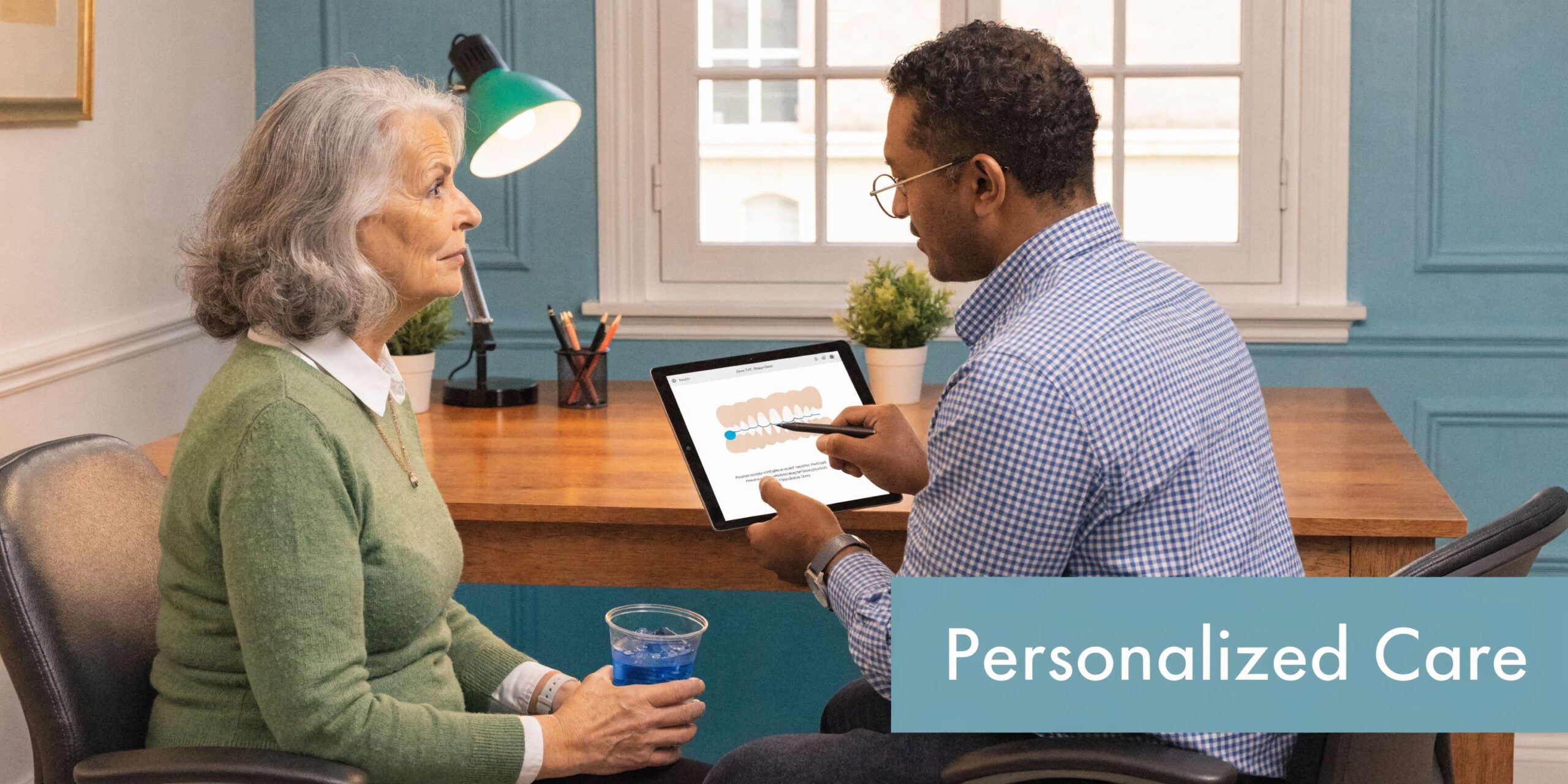 A male dentist explains a digital tooth alignment treatment plan to an elderly female patient using a tablet.