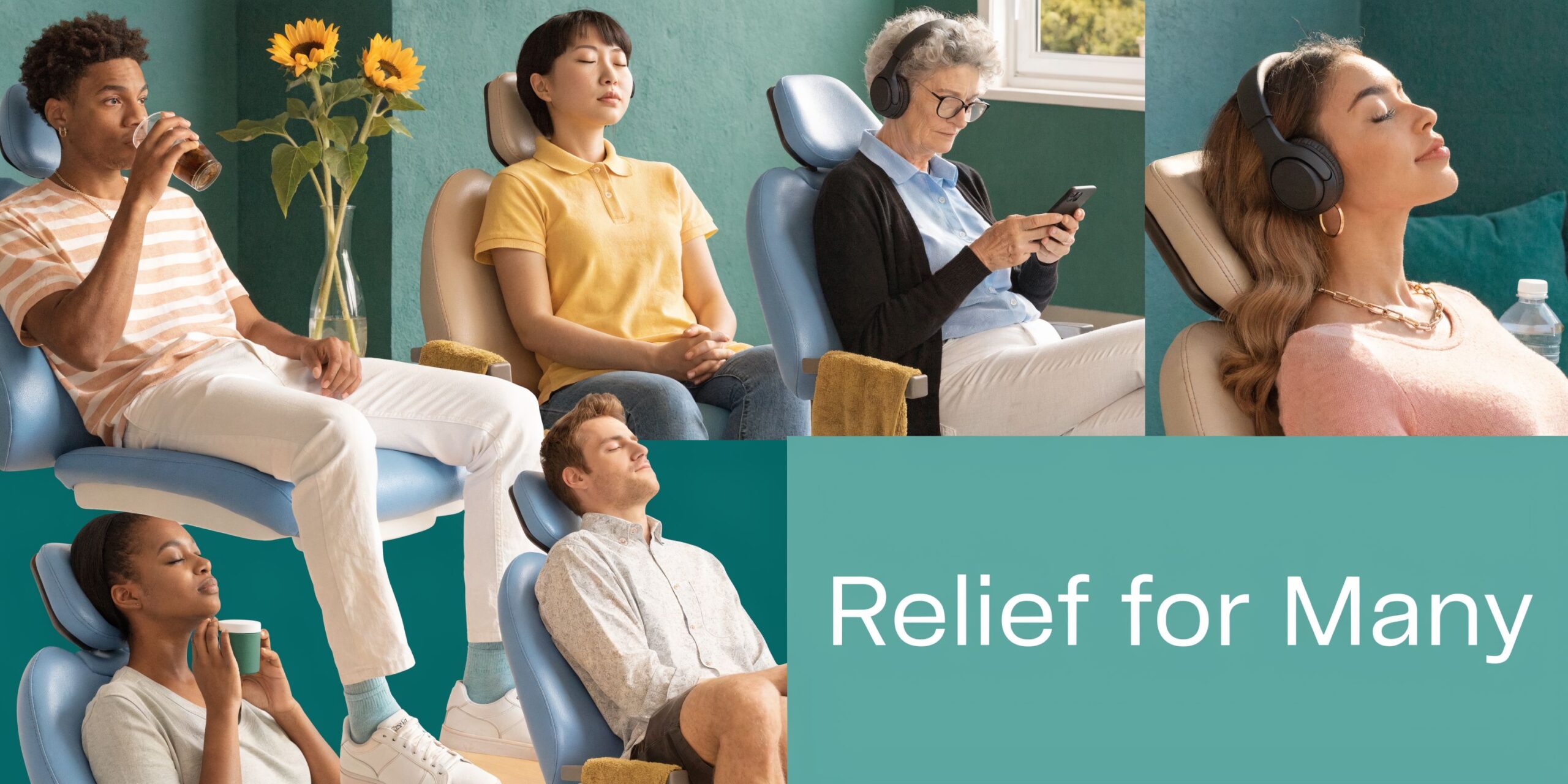 Several diverse people relaxing comfortably in dental-style chairs while waiting for a medical procedure or treatment.