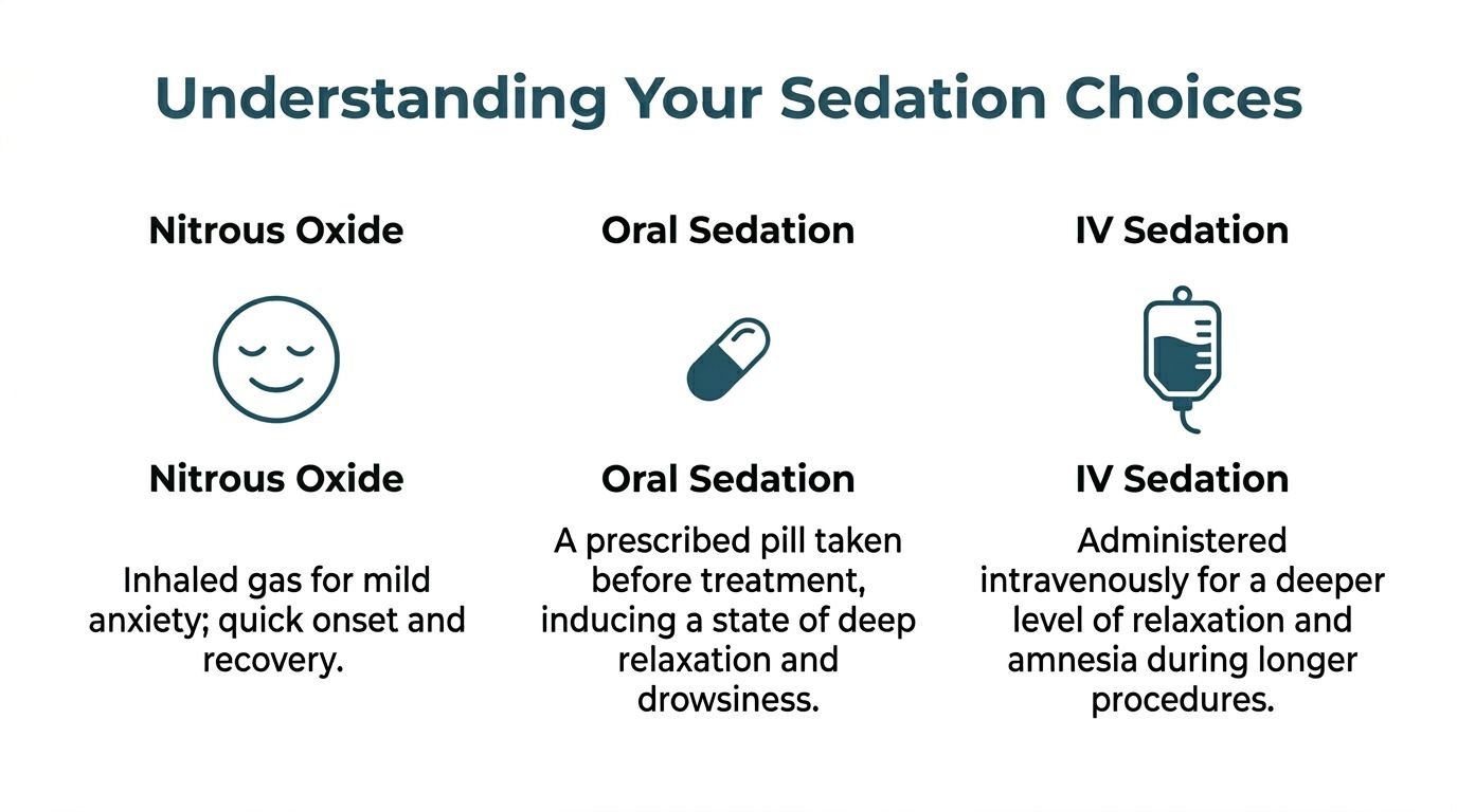 A dental guide infographic comparing three common sedation choices: nitrous oxide, oral sedation, and IV sedation.