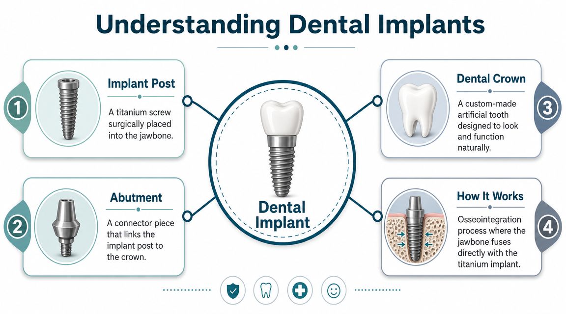 A diagram illustrating the components of a dental implant: post, abutment, crown, and the osseointegration process.