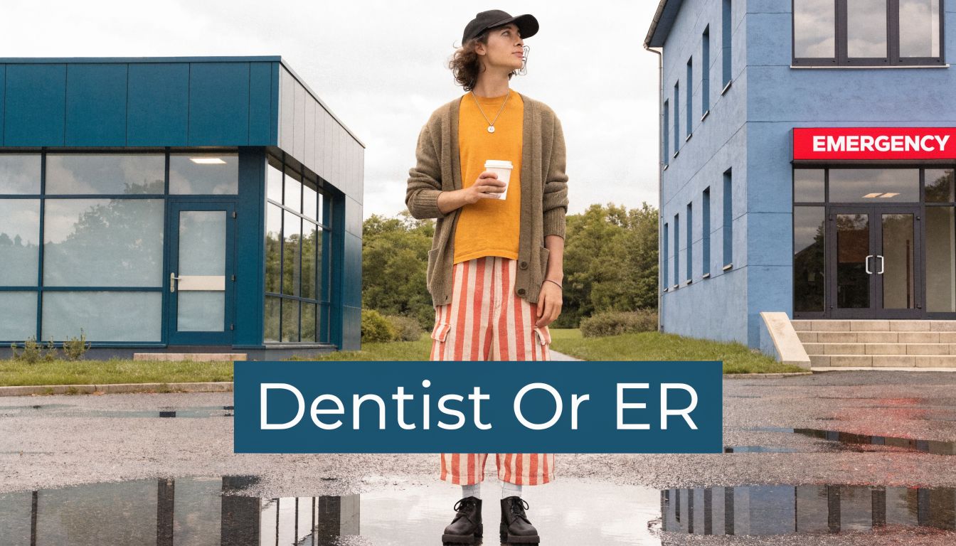 A person standing in front of an emergency room building wondering whether to visit a dentist or ER.
