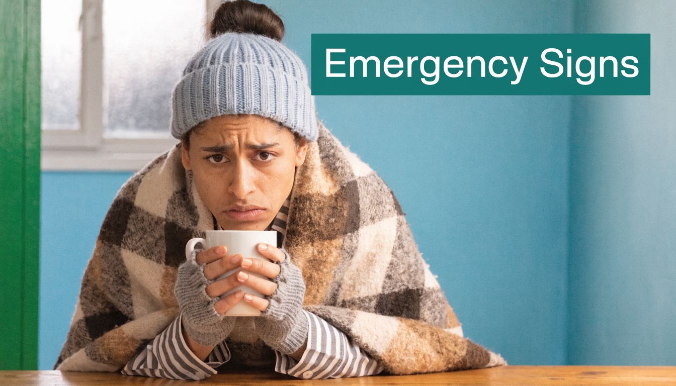 A person looking ill, wrapped in a blanket, holding a warm mug, with the text Emergency Signs.